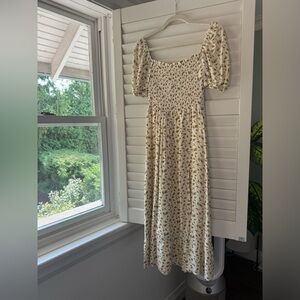 Reformation Smocked Midi Dress with yellow flowers